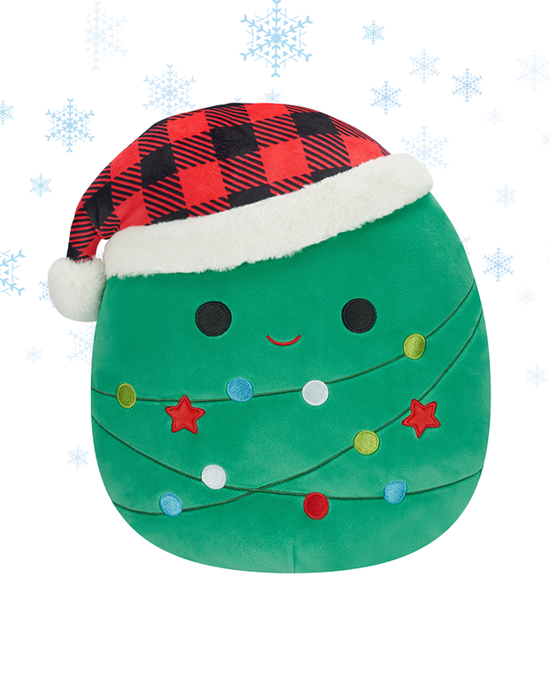 The image features a cute, green christmas tree plush toy with a smiling face, adorned with colorful Christmas lights. It’s wearing a red and black checkered Santa hat.