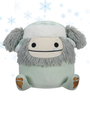The image features a cute plush toy with fluffy grey ears and a smiling face, wearing a white and green winter hat. 