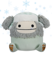 The image features a cute plush toy with fluffy grey ears and a smiling face, wearing a white and green winter hat. 