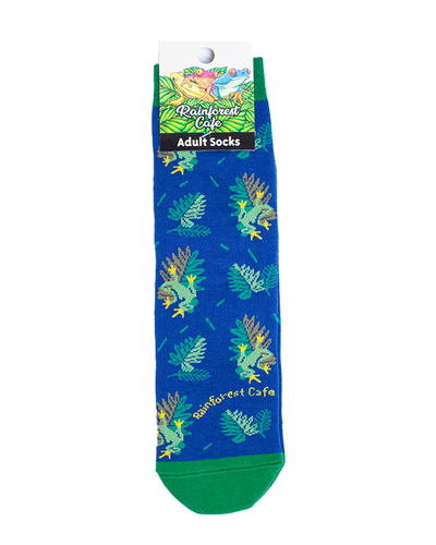 blue socks with green on hole border and toes. Image of green tree frog on top of palm leaves and "rainforest cafe" print.