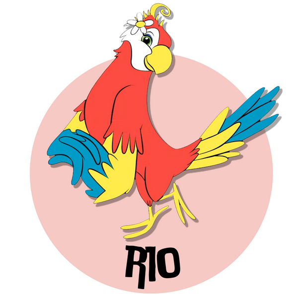 Icon of Rio, the macaw cartoon-like drawing inside of the pink circle