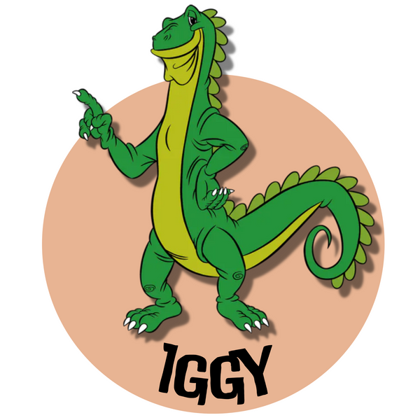 Icon of Iggy, the iguana cartoon-like drawing inside of the orange circle