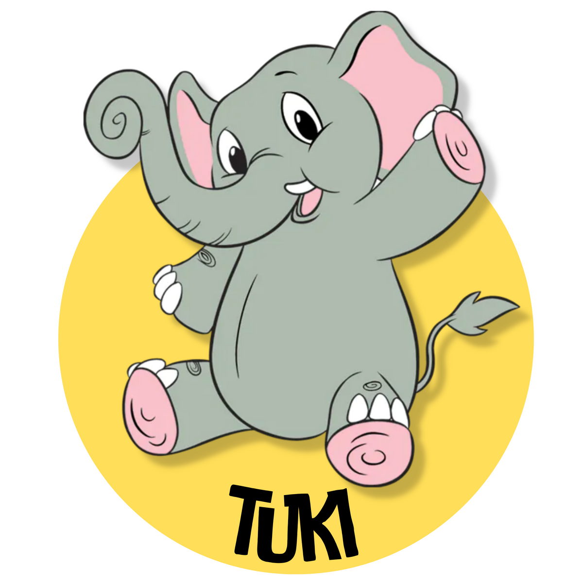 Icon of Tuki, the elephant cartoon-like drawing inside of the yellow circle