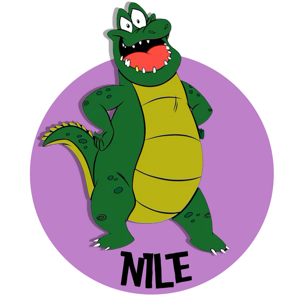 Icon of Nile, the crocodile cartoon-like drawing inside of the purple circle