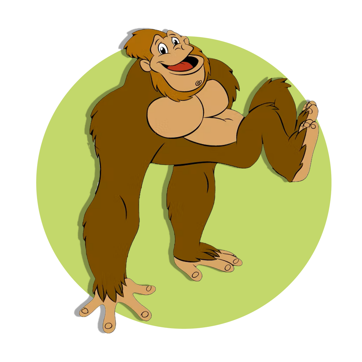  a cartoon character that resembles an ape with brown hair and a big smile. The character is sitting and has a large belly and long arms, giving it a friendly and approachable look. It’s set against a light green circular background that highlights the character