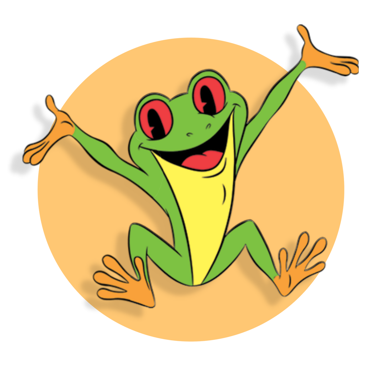 a cartoon character of a green frog with red eyes, sporting a big smile. It appears to be in a joyful pose with its arms and legs spread out, possibly in mid-jump or as if it’s ready to give someone a hug. The frog is centered against a simple light brown circular background that accentuates its figure. 