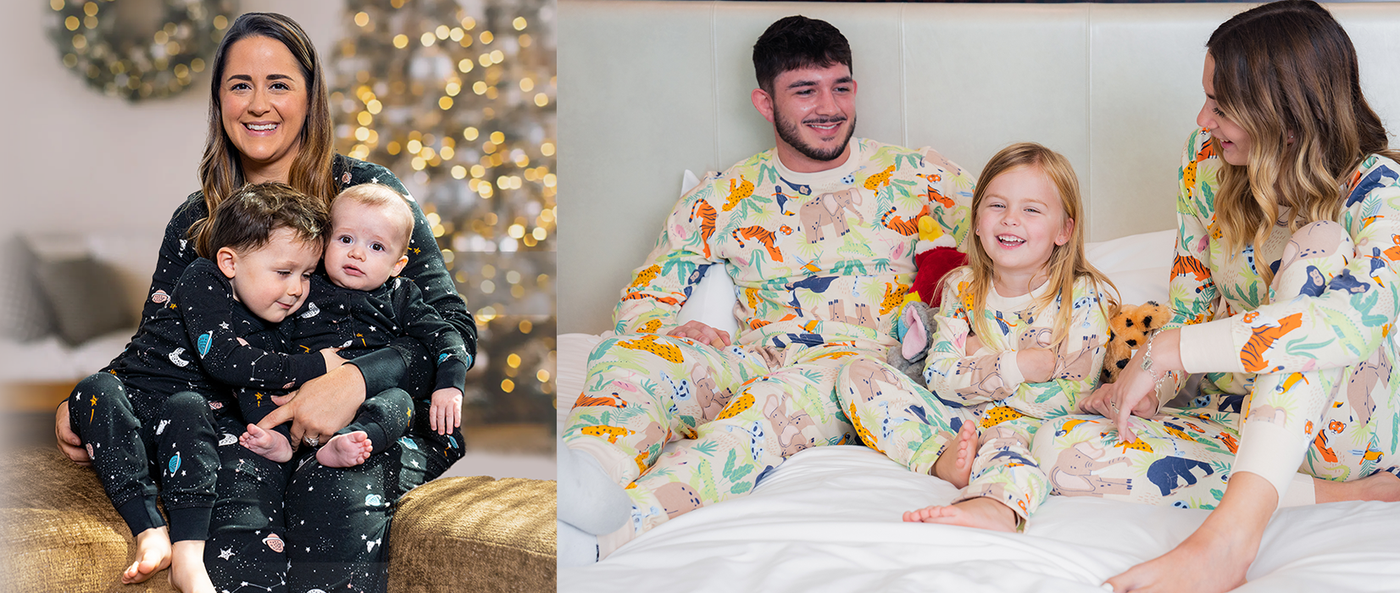 Mother holding her two baby boys while sitting on couch in front of a white and gold christmas tree. They are all wearing matching galaxy pajama set. Right image has a dad, mom and daughter sitting on a bed. They are wearing matching pajamas that have different jungle animals.