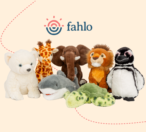 A lineup of assorted plush animals, including a polar bear, giraffe, elephant, lion, shark, and turtle, with the Fahlo logo above.