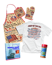 Image includes an apron, mittens, cookbook, t-shirt, and seasoning all from Bubba  Gump logo and names of dishes on how to cook shrimp on a white background.
