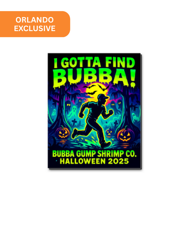 Promotional poster for Bubba Gump Shrimp Co. Halloween 2025 event with a character running through a forest.