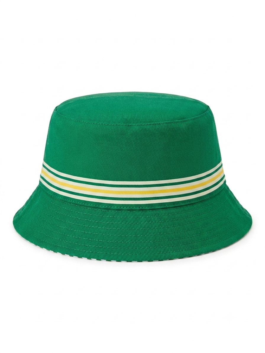 A green bucket hat with two horizontal stripes on the band in white and yellow, shown against a plain white background.