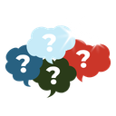 Four colored question marks in speech bubble shapes on a white background