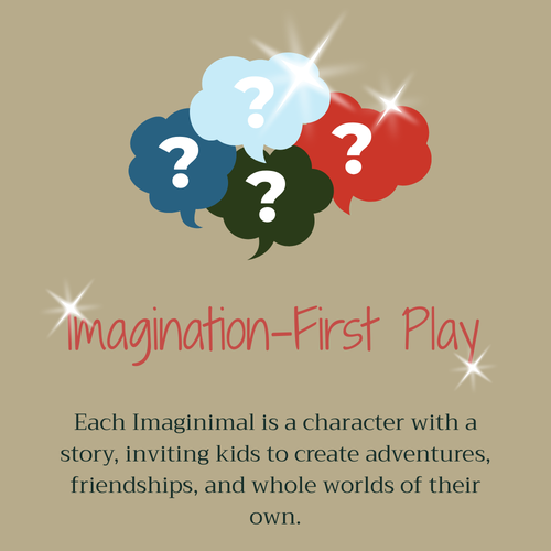 Colorful speech bubbles with question marks and text about 'Imagination-First Play' on a beige background.

