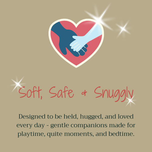 Heart with hands holding hands, text 'Soft, Safe & Snuggly' on a beige background