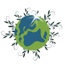 Logo of a green globe with a blue circle, surrounded by leaves on a white background