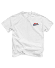 A white t-shirt laid flat, featuring a small, colorful logo on the left chest that reads ‘JOE’S CRAB SHACK’.