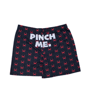 back view of boxers. center reads in white words "pinch me".