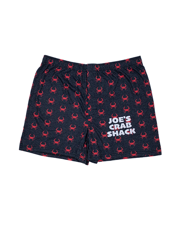 black boxers with red crab prints. bottom right reads in white words "joe's crab shack".