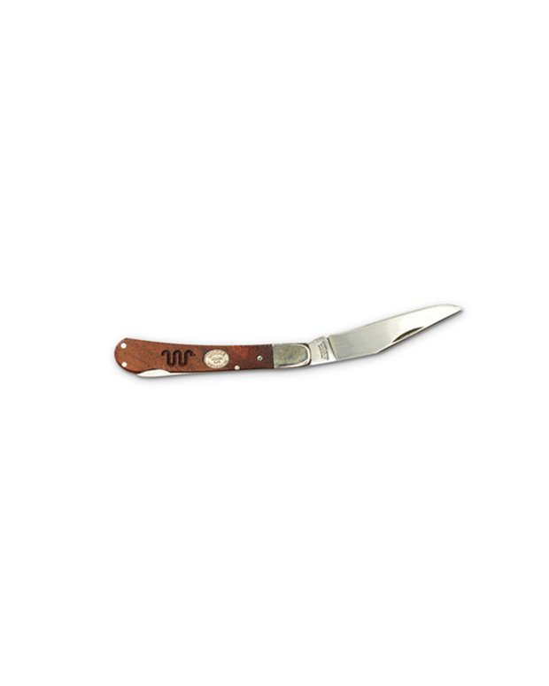 A lockback knife with a partially serrated blade and a wooden handle. The knife is in an open position, showcasing the locking mechanism near the base of the blade. The handle appears to have a warm, brown tone with visible grain texture, and there’s a King Ranch logo symbol near the end of the handle.