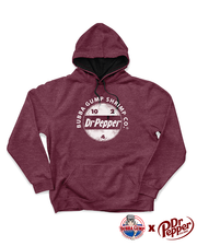 Burgundy hoodie with black drawstrings. In center chest, reads "bubba gump shrimp co." curved over the Dr Pepper circular logo.