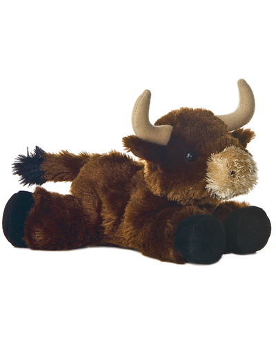 brown bull plush with light brown horns and black hooves.