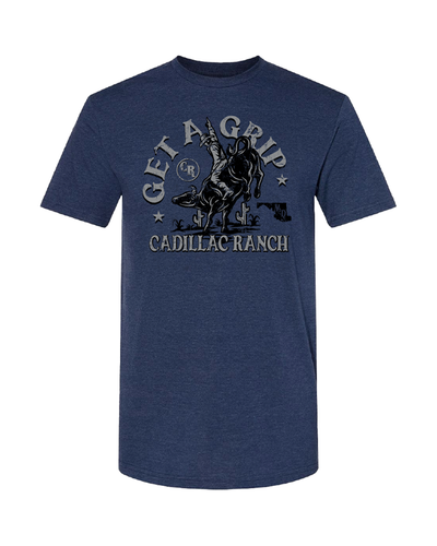 navy blue tee. cowboy on a bull. "get a grip. Cadillac ranch"