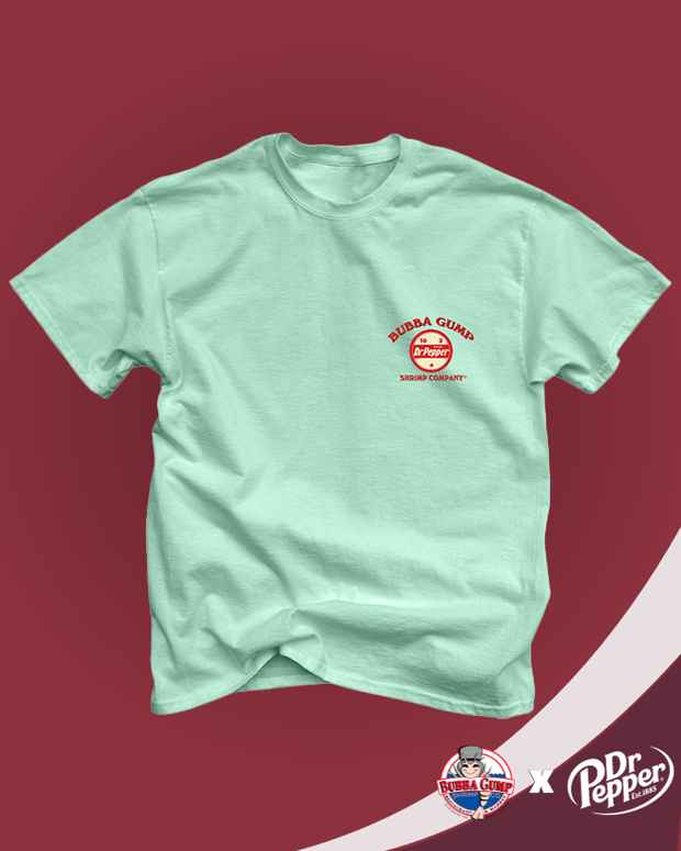 Bubba Gump and Dr. Pepper collaboration. Mint green t-shirt with a vintage Dr. Pepper logo  and 'Bubba Gump Shrimp Company' written  on the top left chest area.