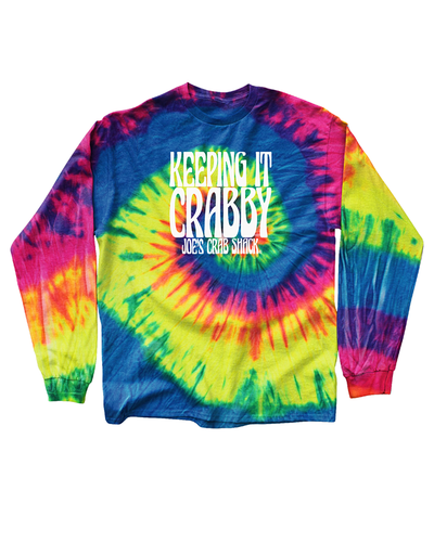Tie dye long sleeve shirt with words on chest reading "keeping it crabby. Joes crab shack".