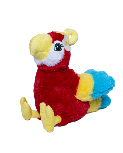 Red Macaw plush. Beak, feet and head feathers are a yellow color. Her wings and tail go from red, to yellow and then blue tips. Rio the macaw is wearing a little white flower on her head.