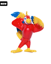Red macaw figurine. Her beak and feet are yellow, wings and tail go from red, to yellow with blue tips..