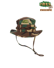 Camouflage safari hat with adjustable chin strap and T-Rex Cafe logo embroidered in green,
