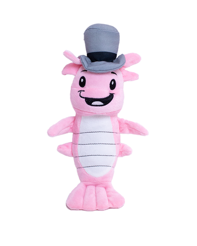 Front view. plush toy with a pink body and a smiling face. The toy stands upright and has a cylindrical shape with segmented sections, resembling a shrimp’s body. It wears a gray top hat on its head, adding to its whimsical appearance.