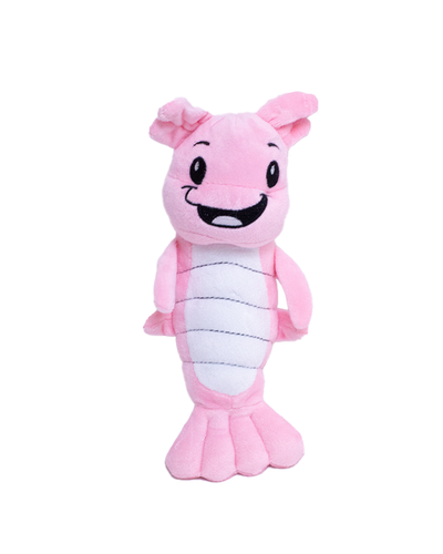 Front view of Shrimp Louie plush in pink on a white background.
