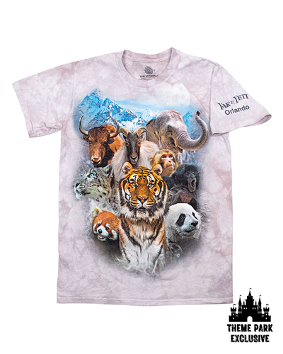 WHITE & GREY tie-dye tee shirt with logo name on left sleeve that reads "yak & yeti Orlando". Image of himilayan mountains in background with image of an elephant, tiger, panda, red panda, snow leopard, japanese macaque, domestic yak and water buffalo. bottom right corner tag that reads "theme park exclusives" with a silhouette of a castle.