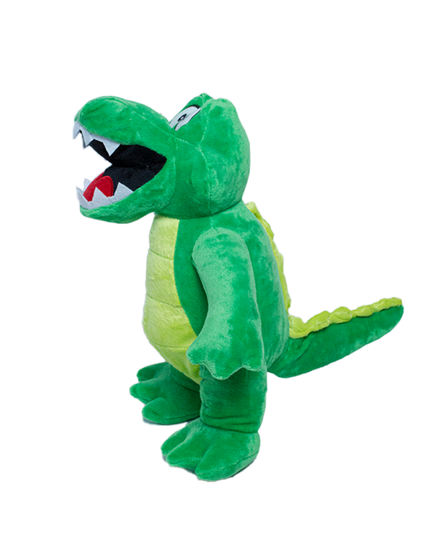 side angle of green crocodile plush standing with mouth open. back to top of tail have light green.
