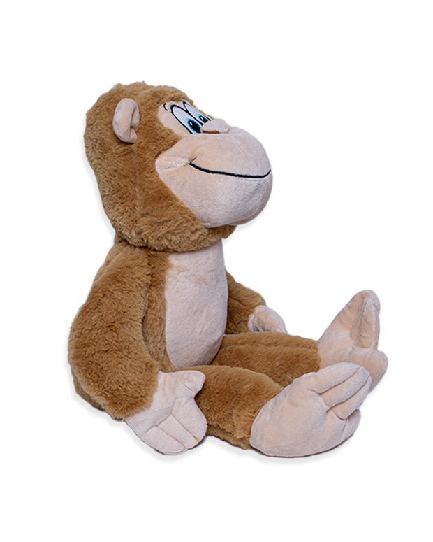 side view light brown orangutan plush with tan belly, face, hands and feet.