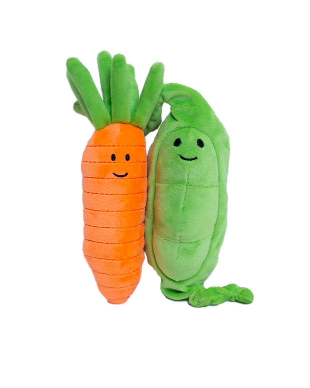 carrot and pea pod plush magnets. both have little smiley faced on plush.