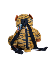 back view of tiger backpack showing black straps and zipper compartment in center.