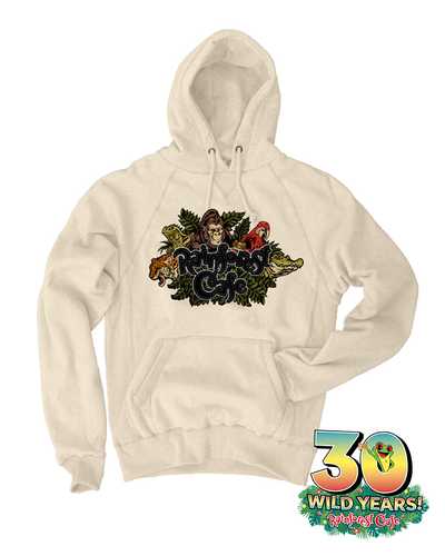 flat lay of hoodie. rainforest cafe logo is on center of chest, with black lettering with an applique finish that reads "rainforest Cafe". Bottom right corner tag "30 wild years. rainforst cafe" with cha cha in center of the zero.
