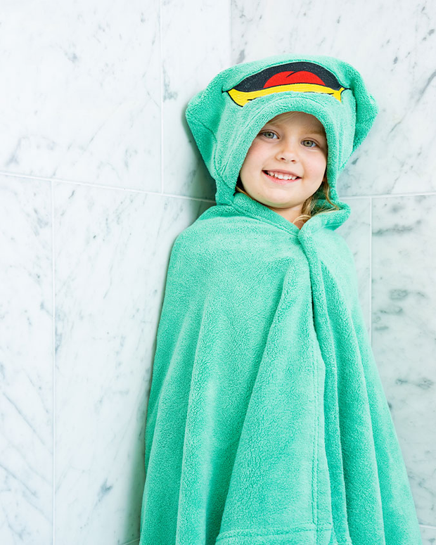 hooded frog towel, hooded kids towel, frog towel