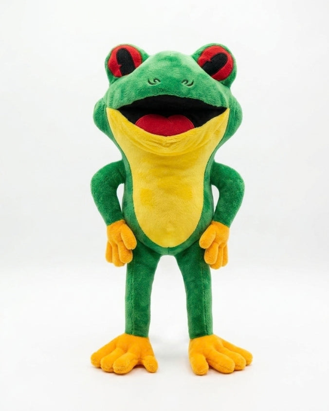 A green and yellow frog mascot plush toy standing against a white studio background.