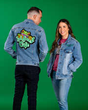male model on left side, facing the back to show back of jean jacket. on right side, female model showing front view of denim jacket.