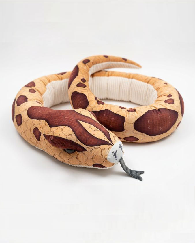 Plush snake toy with brown and beige pattern on a white background