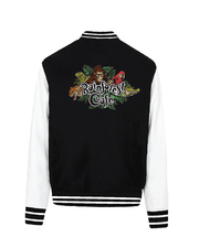A black and white detailed letterman jacket with a colorful, embroidered design on the back featuring the text “Rainforest Cafe” in stylized lettering, surrounded by vibrant green foliage and jungle animals. 