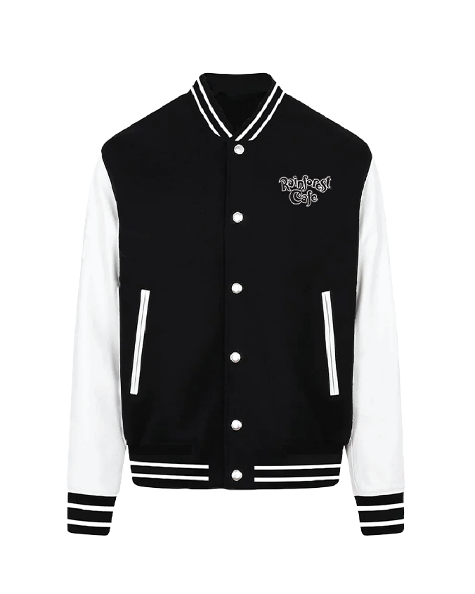 A black and white detailed varsity jacket placed against a white background. 