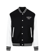 A black and white detailed varsity jacket placed against a white background. 