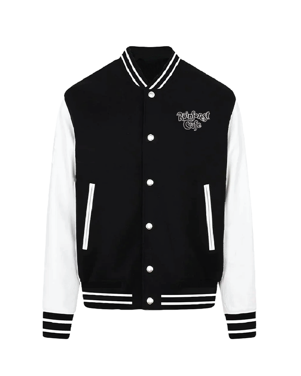 A black and white detailed varsity jacket placed against a white background. 
