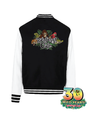 A black jacket with a colorful, embroidered design on the back. The design features the text “Rainforest Cafe” in stylized lettering, surrounded by vibrant green foliage and illustrations of a red-eyed tree frog, a red macaw, and an iguana. On bottom, right corner is a logo with text reads “30 WILD YEARS,” indicating an anniversary celebration. Below the main text, additional small text reads “Rainforest Cafe.” 