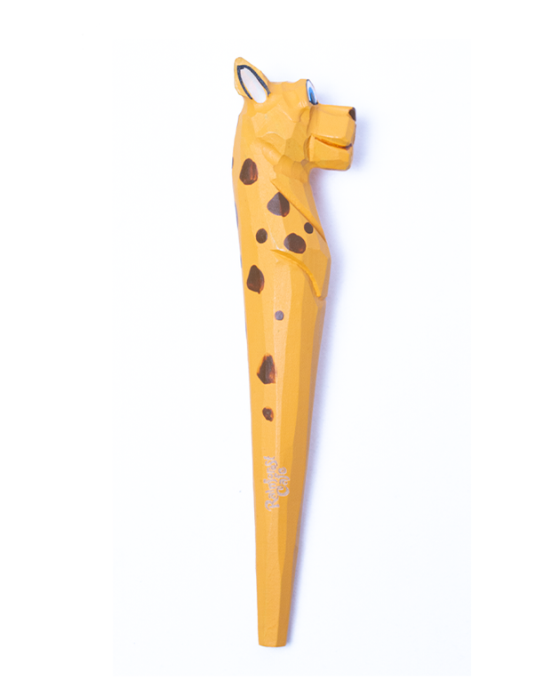 A unique pen designed to resemble a cheetah, featuring a vibrant yellow body with brown spots and a sculpted cheetah’s head at the top. The pen is marked with the name ‘rainforest cafe’ along its bottom side.