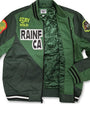 Green jacket with 'Stay Wild Rainfca' text and patches on a white background